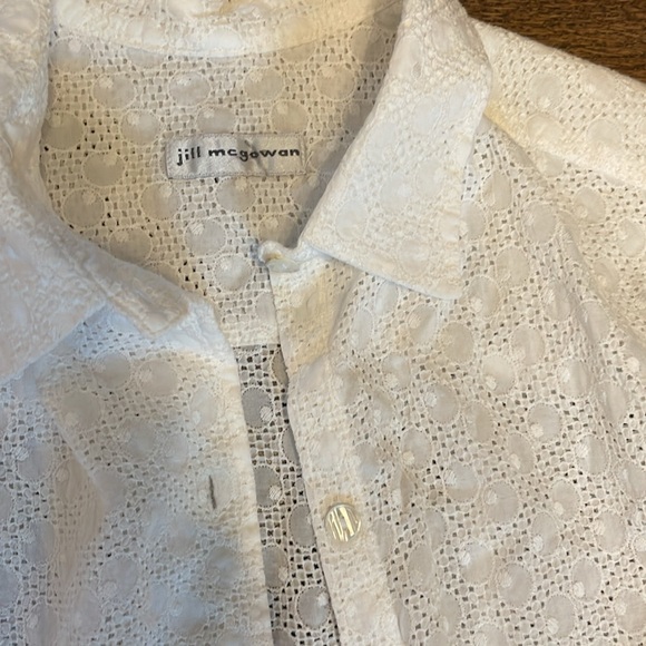 Jill McGowan Olive Eyelet White Blouse Pleated Cuffs XS - Picture 2 of 5